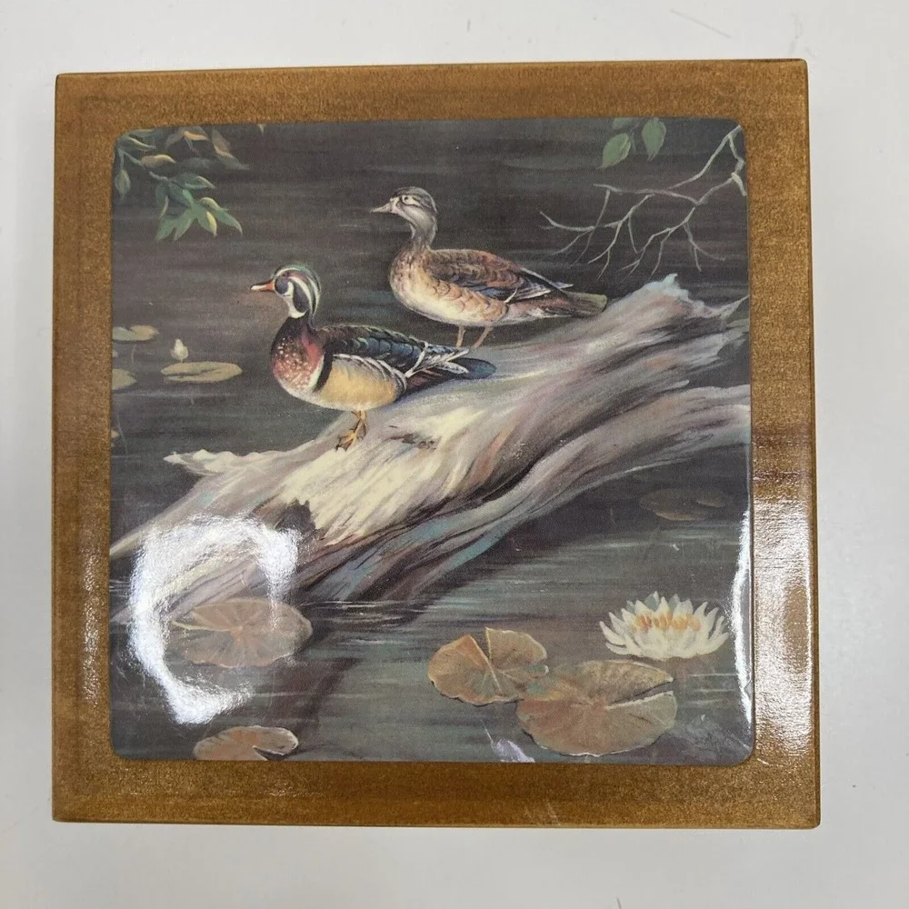 Vintage Duck Box Coaster Set Cork Back Wood Box 1970s with‎ 3 Coasters